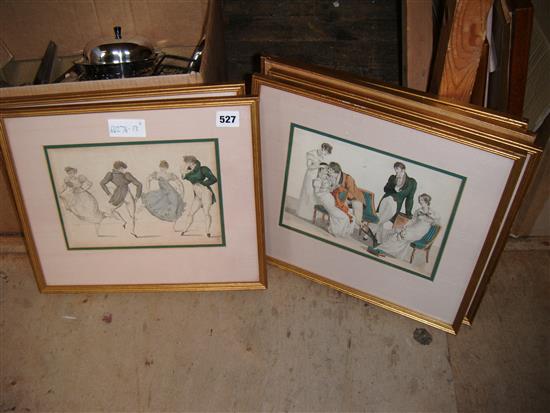 Set of six coloured engraved fashion prints